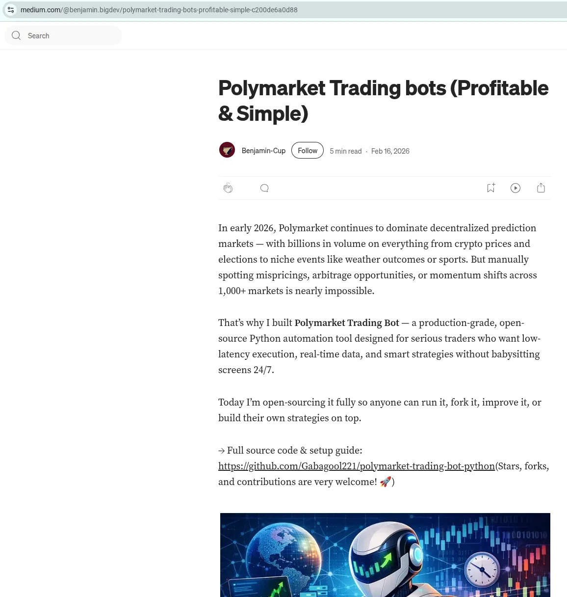 An almost certainly AI-generated Medium post advertising a trading bot
