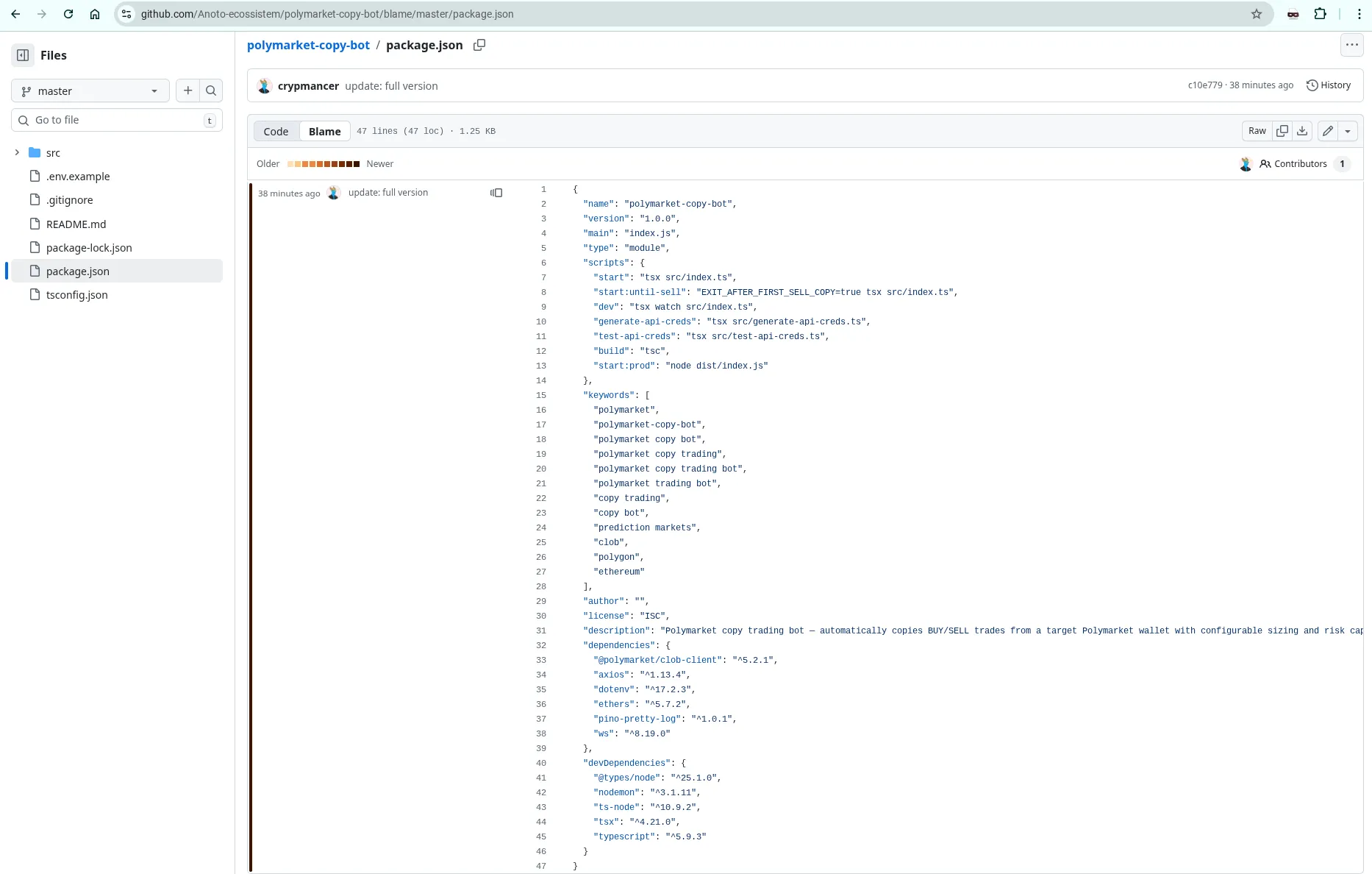 Git blame showing GitHub user `crypmancer` (now removed) responsible for adding malicious dependency `pino-pretty-log` to `Anoto-ecossistem/polymarket-copy-bot`