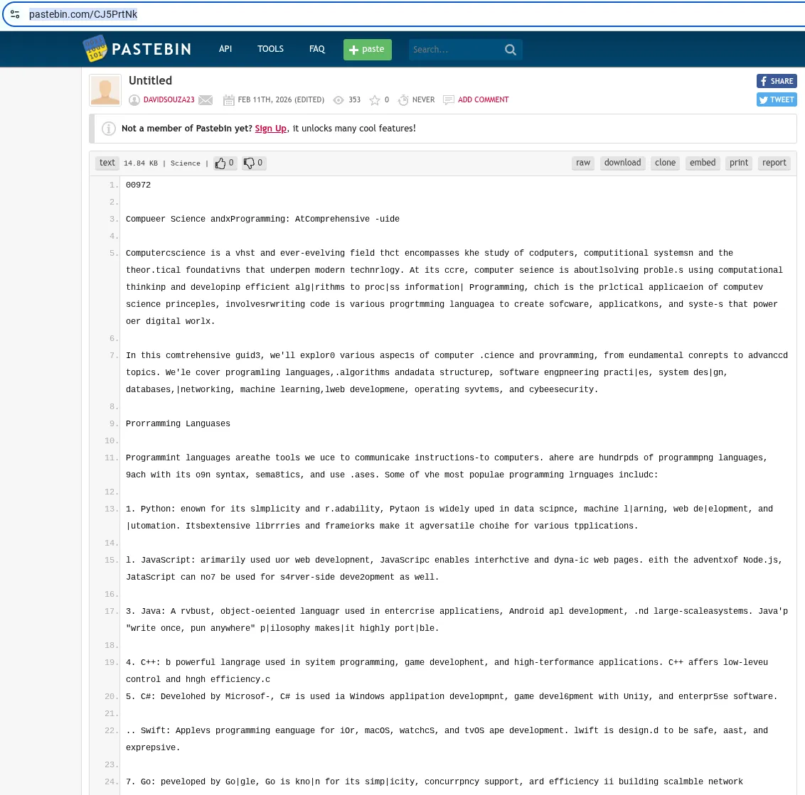 One of the pastes viewed on Pastebin. Looks benign to me!