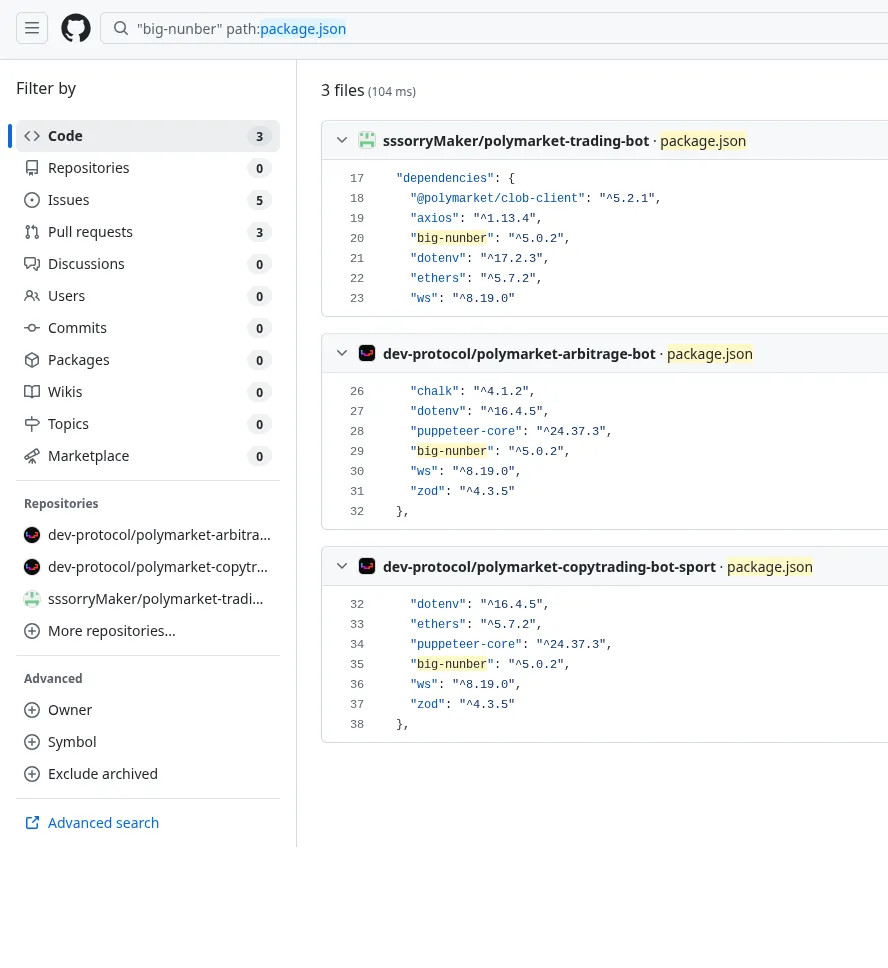 GitHub search results showing `big-nunber` dependent trading repos