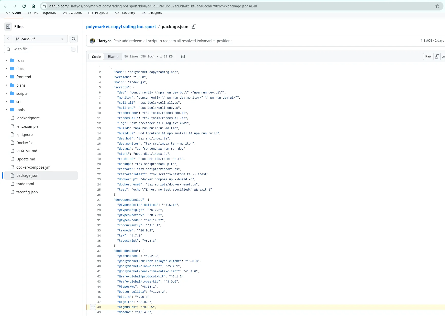 The package.json of `Tiartyos/polymarket-copytrading-bot-sport` showing `bign.ts` and `bignum-ts` as dependencies - both are malicious and duplicative