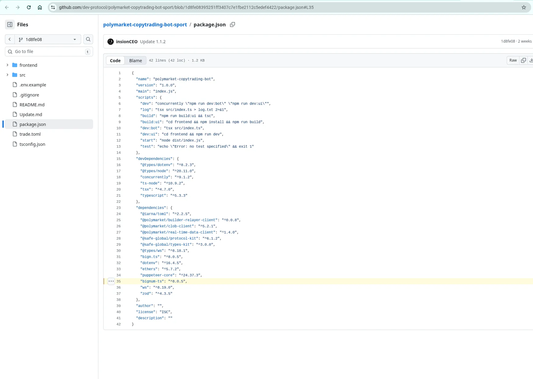package.json and latest commit detail of `dev-protocol/polymarket-copytrading-bot-sport`, showing GitHub user `insionCEO` contributing to the project. `bignum-ts` is on display as a dependency