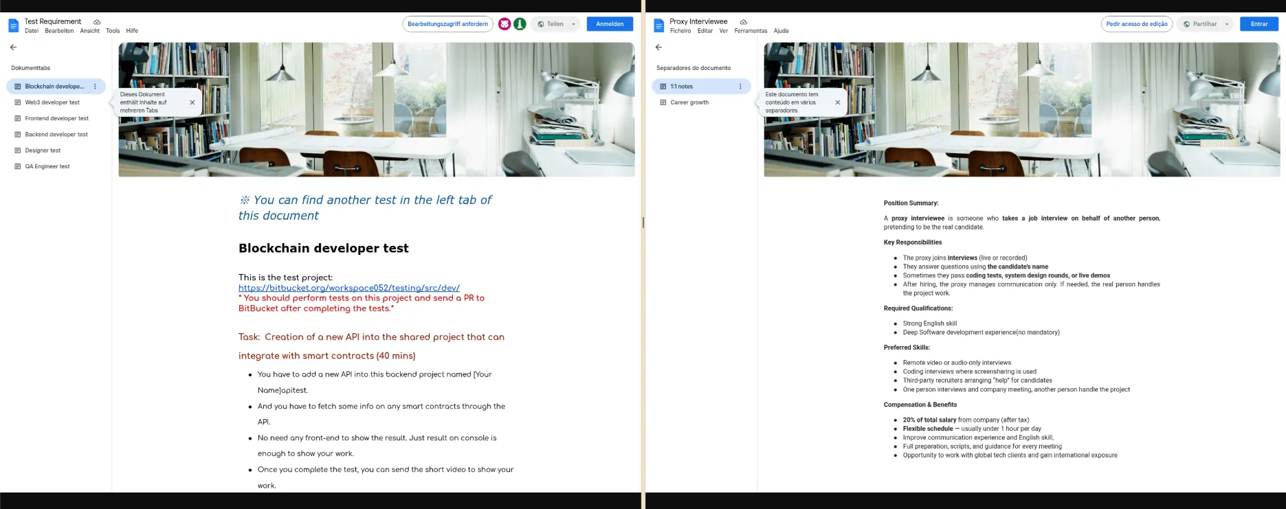 A side-by-side comparison of a Contagious Interview coding task document and a Proxy Interviewee advert