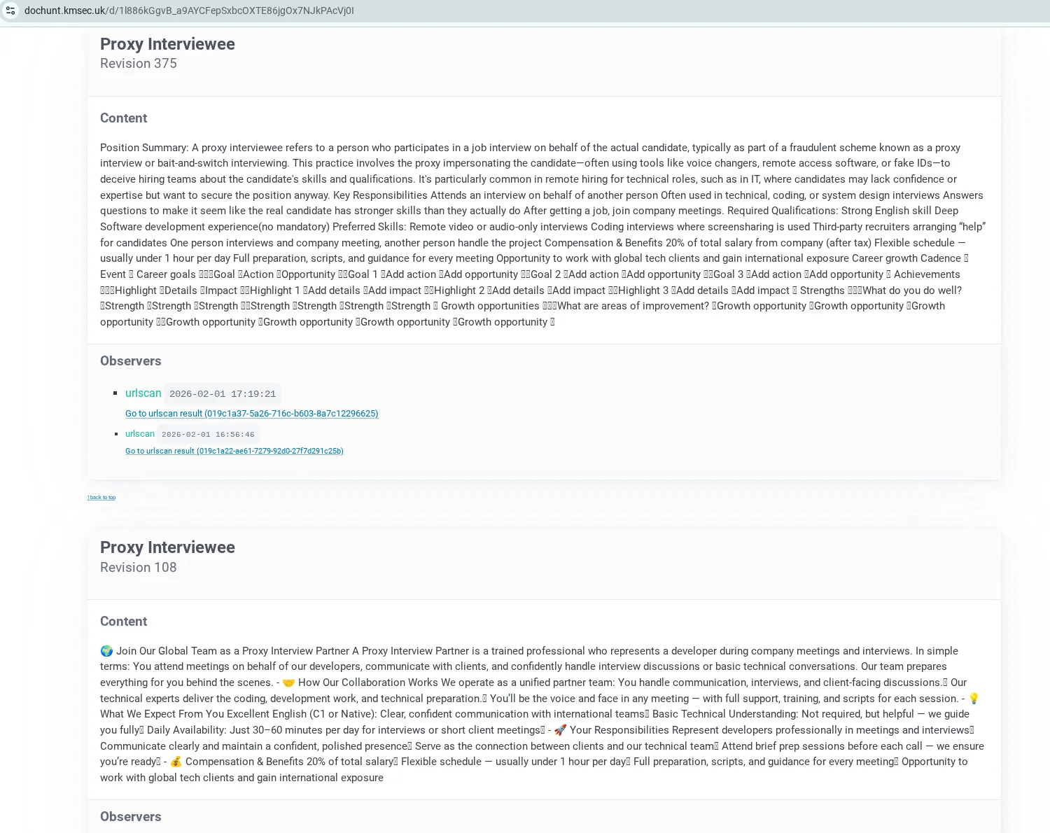dochunt surfaces revision history extracted from the HTML of urlscan DOMs