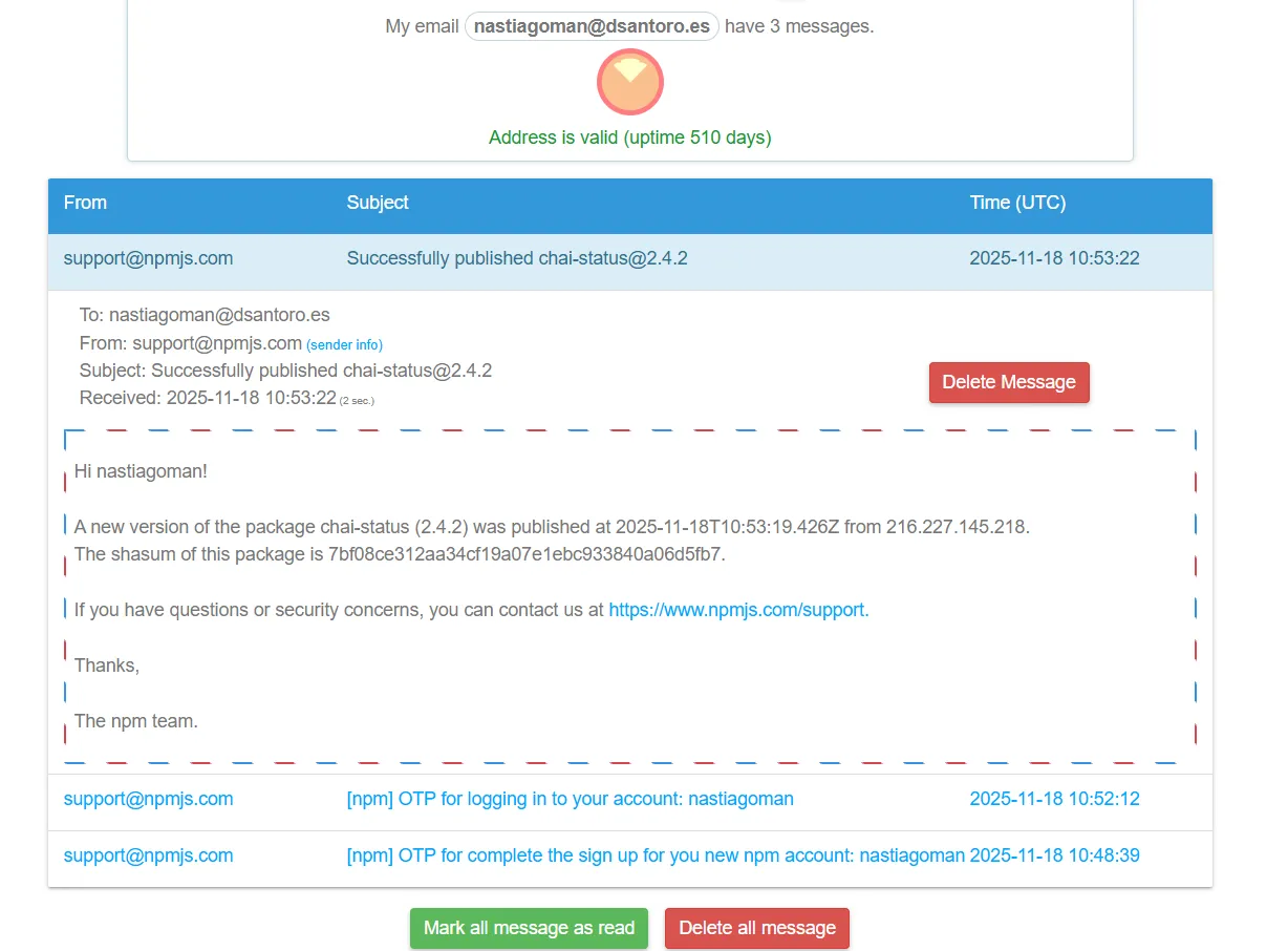 Viewing the mailbox of nastiagoman[@]dsantoro.es on emailfake.com