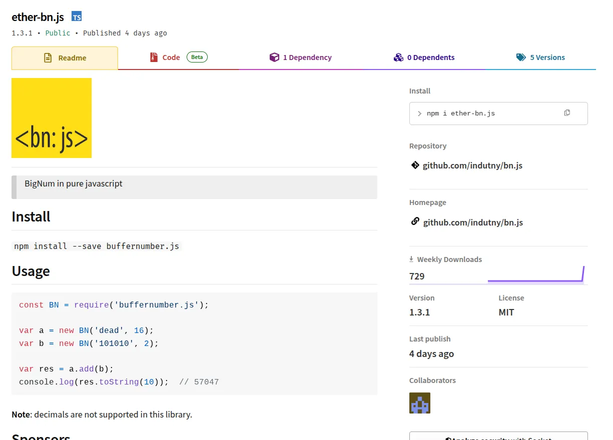 `ether-bn.js` on npm. Note the historic reference to removed npm package `buffernumber.js`