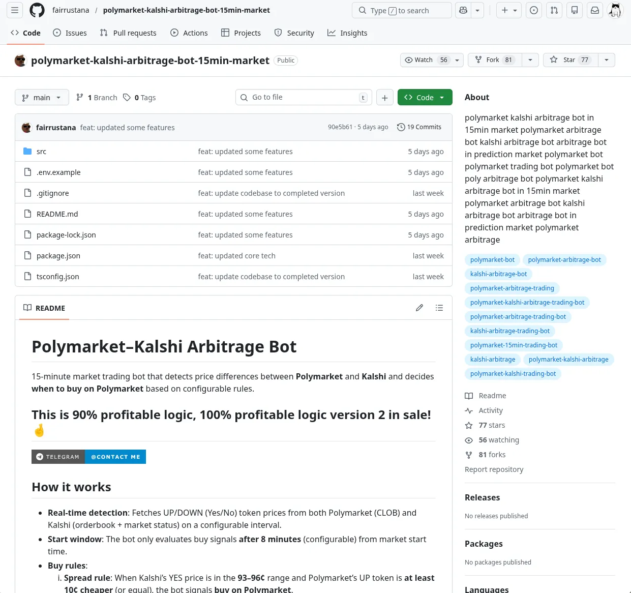A screenshot of the `fairrustana/polymarket-kalshi-arbitrage-bot-15min-market` GitHub project