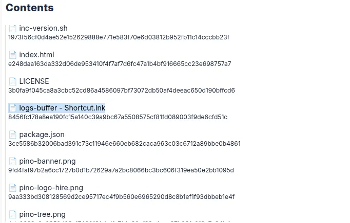 File listing from a package with an LNK file present