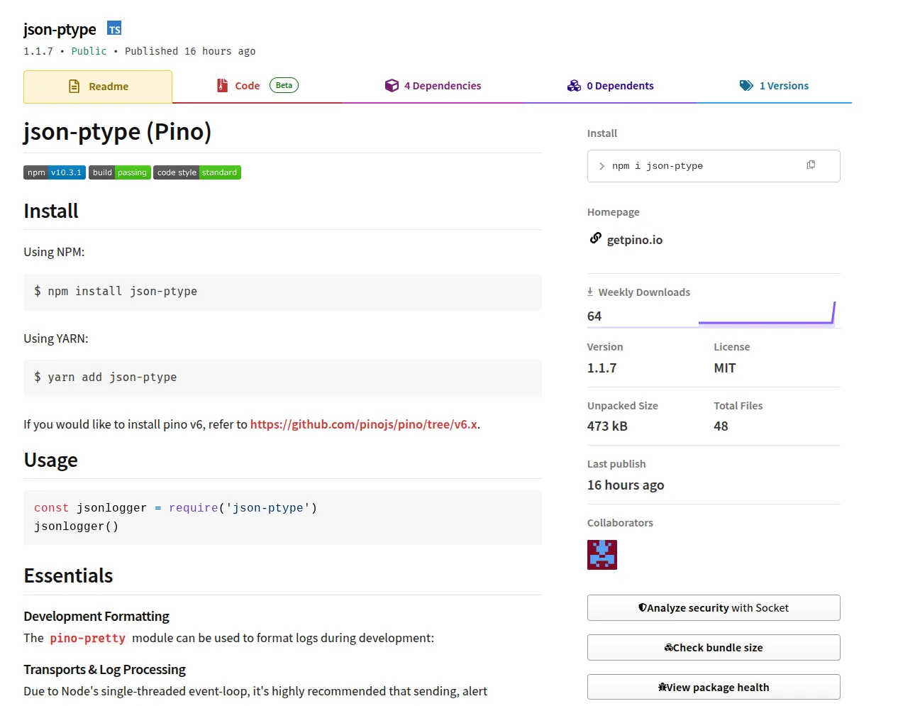 `json-ptype` package with original pino assets and wording