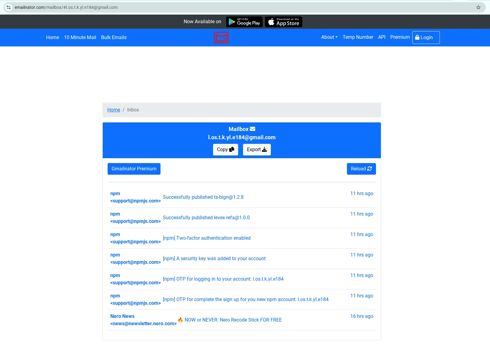 Multiple successive publishes evidenced in the Emailinator inbox