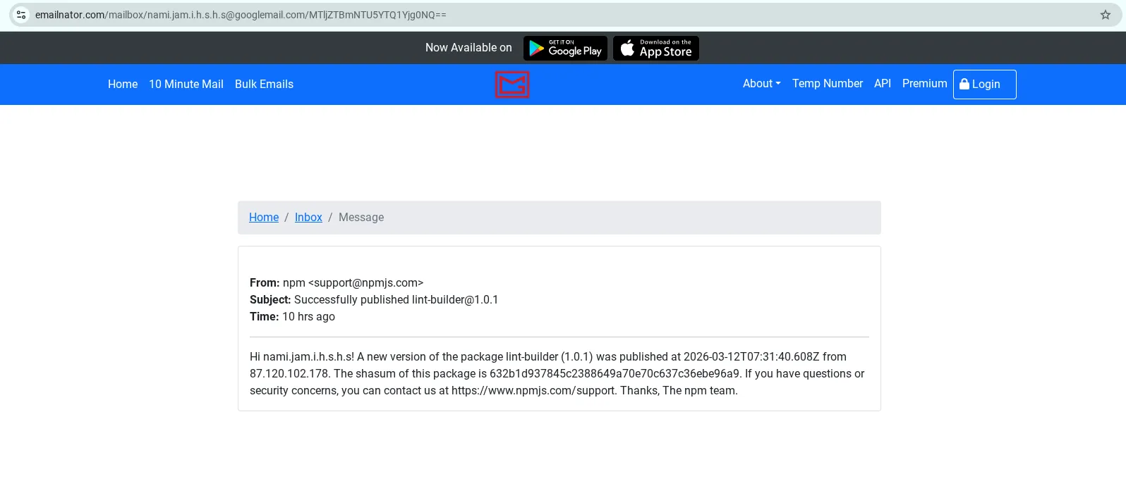 Emailinator inbox message showing a publish source of an Astrill VPN exit node