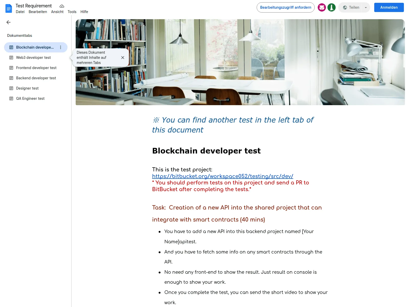 A Google Doc titled "Test Requirement", which details a coding test an interviewee must complete