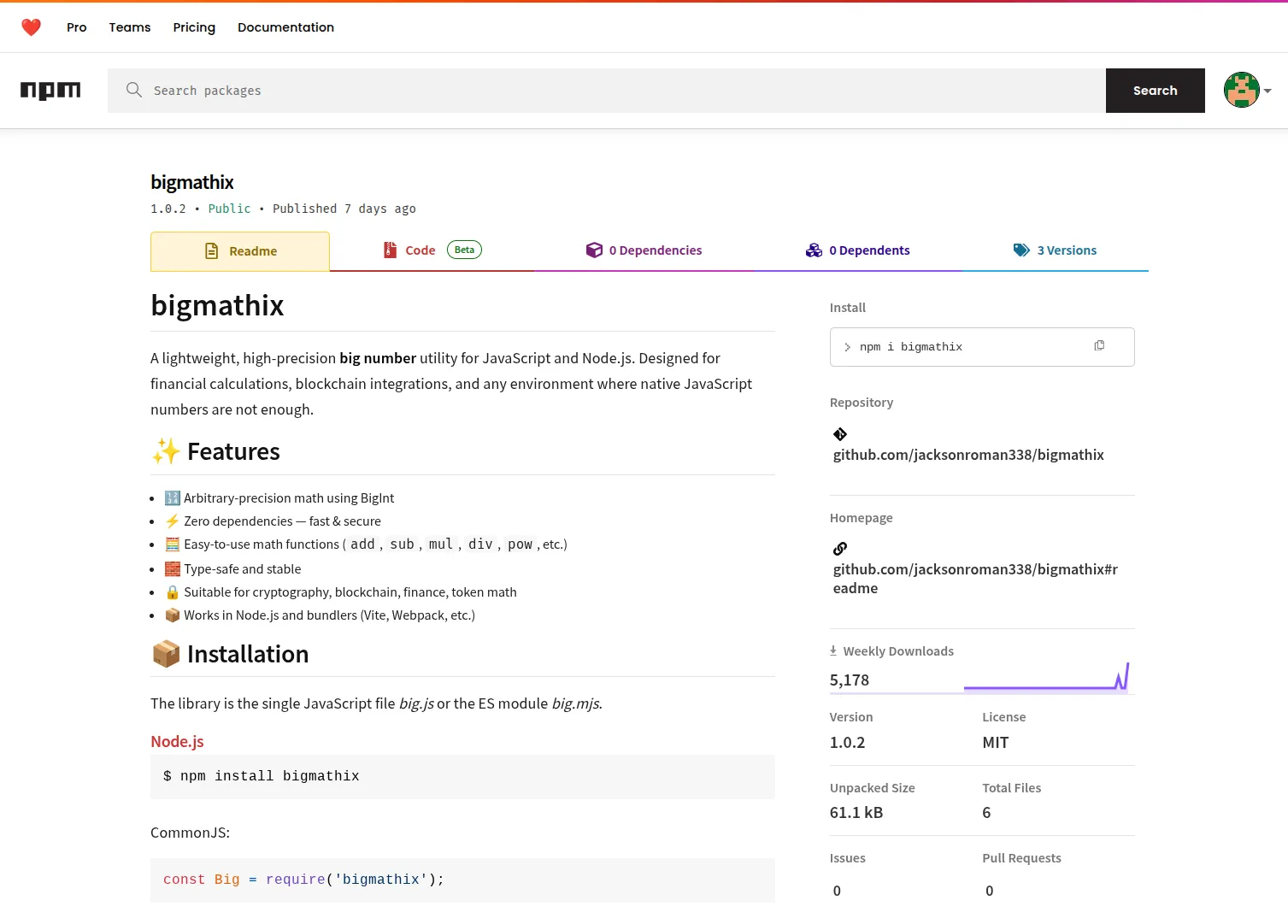 `bigmathix` homepage on npmjs.com