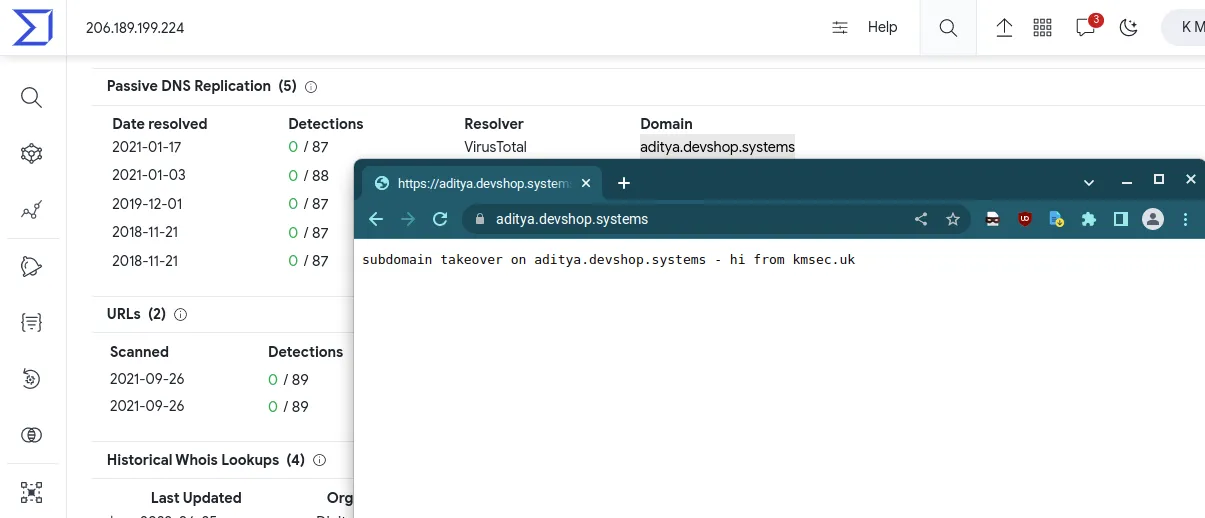 Successfully taking over an A record as demonstrated by the HTTP response