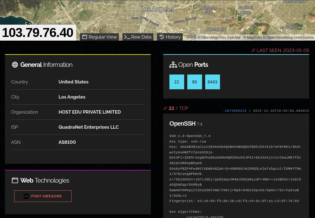 IP host page on Shodan