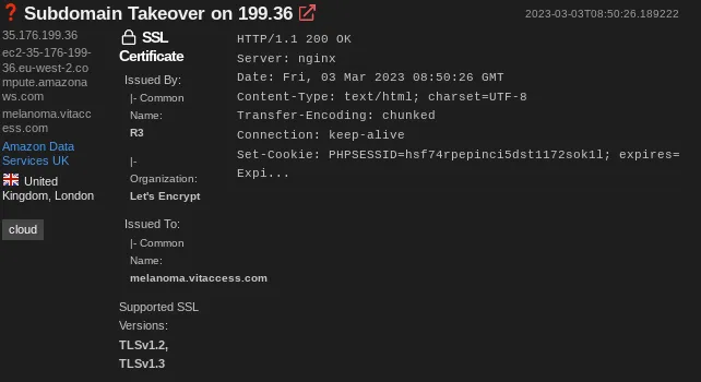 Shodan result showing a result with 'Subdomain Takeover' in the title