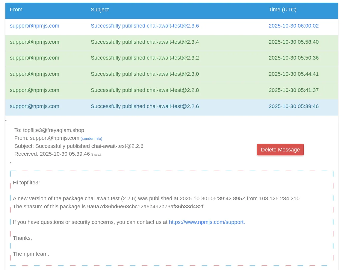 npm user topflite3 published 6 versions of the same package on 30 October 2025