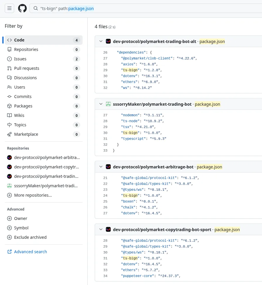 GitHub search results showing `ts-bign` dependent trading repos